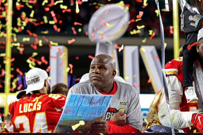 Feb 2, 2020; Miami Gardens, Florida, USA; Kansas City Chiefs offensive coordinator Eric Bieniemy reacts after beating the San Francisco 49ers in Super Bowl LIV at Hard Rock Stadium. Mandatory Credit: Matthew Emmons-USA TODAY Sports